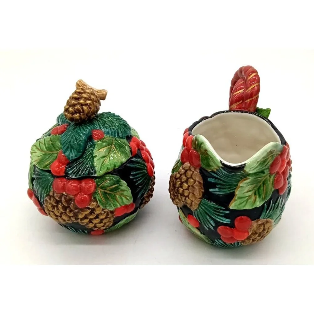 Vintage Fitz & Floyd Classics Holiday Pine Ceramic Creamer & Covered Sugar Bowl